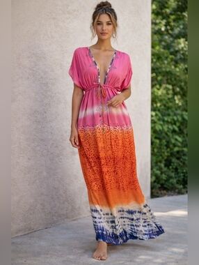 P.J. Salvage Kaftan Maxi Cover Up Dress Pink and Orange Ombre Boho style Large